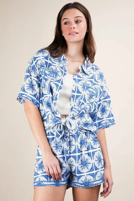 VERY J Full Size Tropical Printed Shirt Top and Shorts Set Plus Size - Love Salve