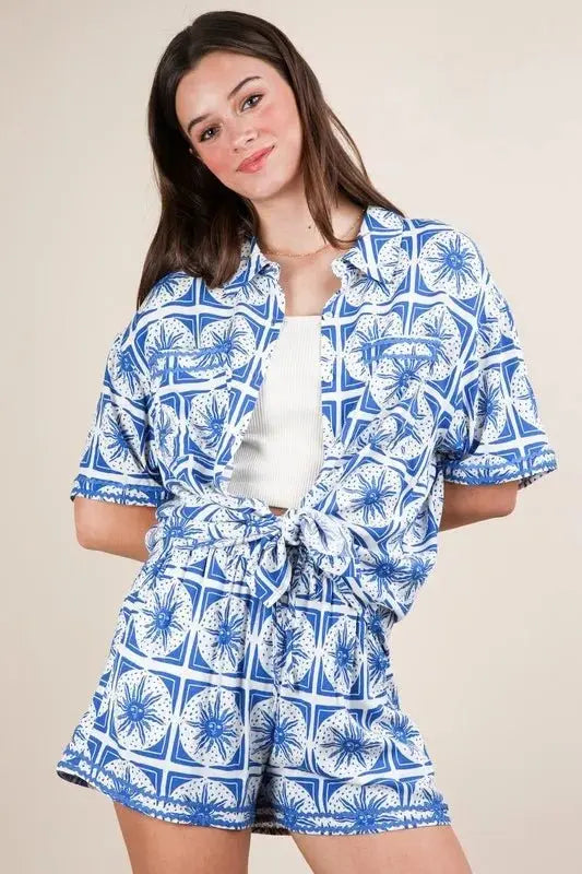 VERY J Full Size Tropical Printed Shirt Top and Shorts Set Plus Size - Love Salve