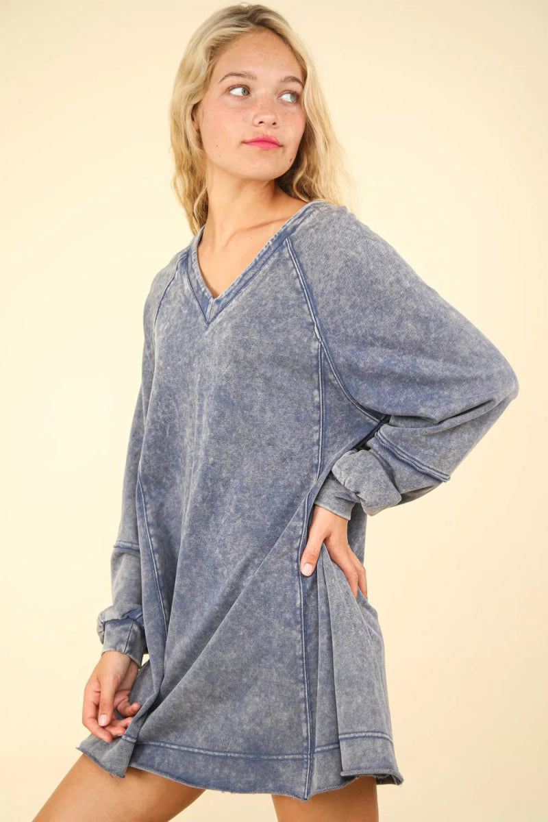 Very J Mineral Washed Oversized A-Line Mini Dress For Women - Love Salve 