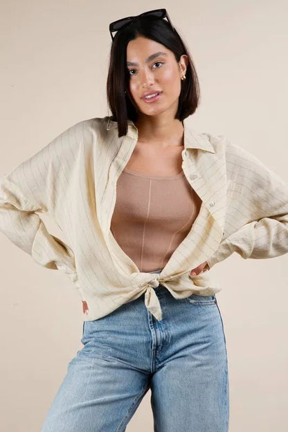 VERY J Oversized Striped Button Down Shirt Top for Women - Love Salve 