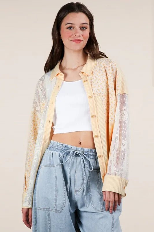 VERY J Plus Size Contrast Ribbed Knit Lace Shacket - Love Salve