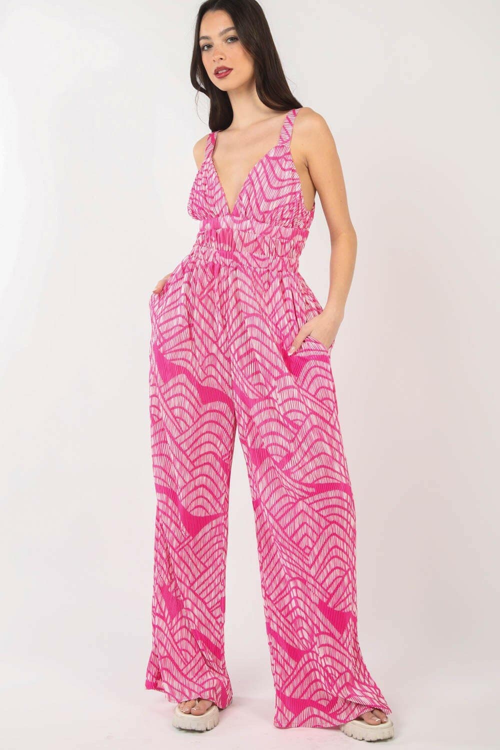 VERY J Printed Pleated Sleeveless Wide Leg Jumpsuit - Love Salve