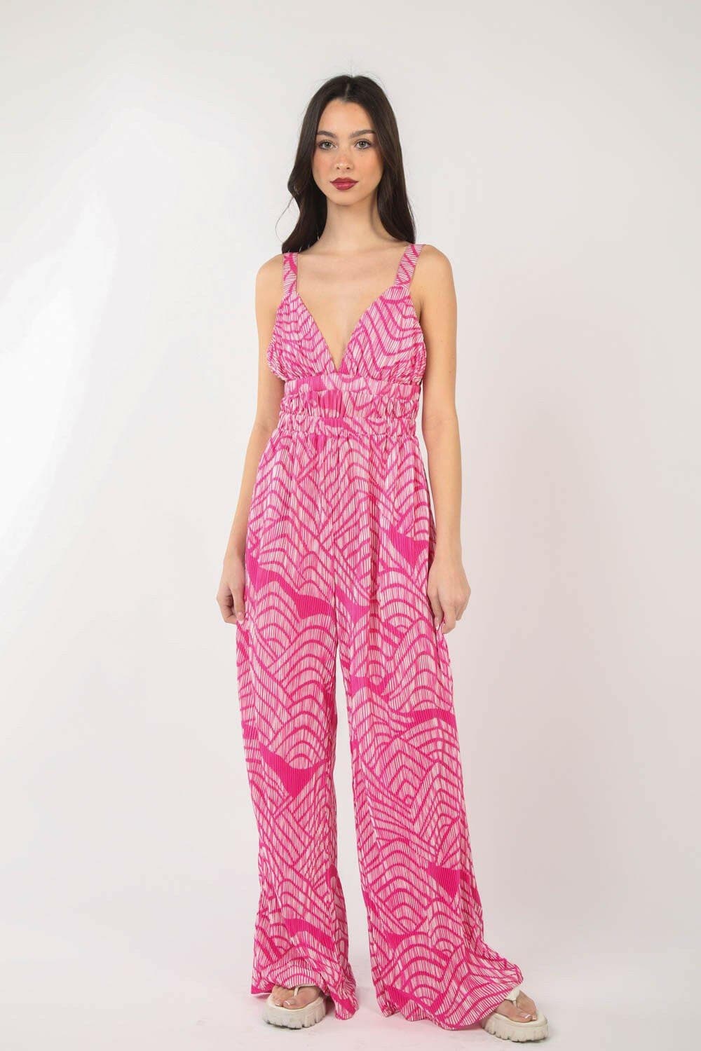 VERY J Printed Pleated Sleeveless Wide Leg Jumpsuit - Love Salve