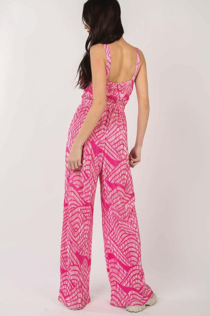 VERY J Printed Pleated Sleeveless Wide Leg Jumpsuit - Love Salve