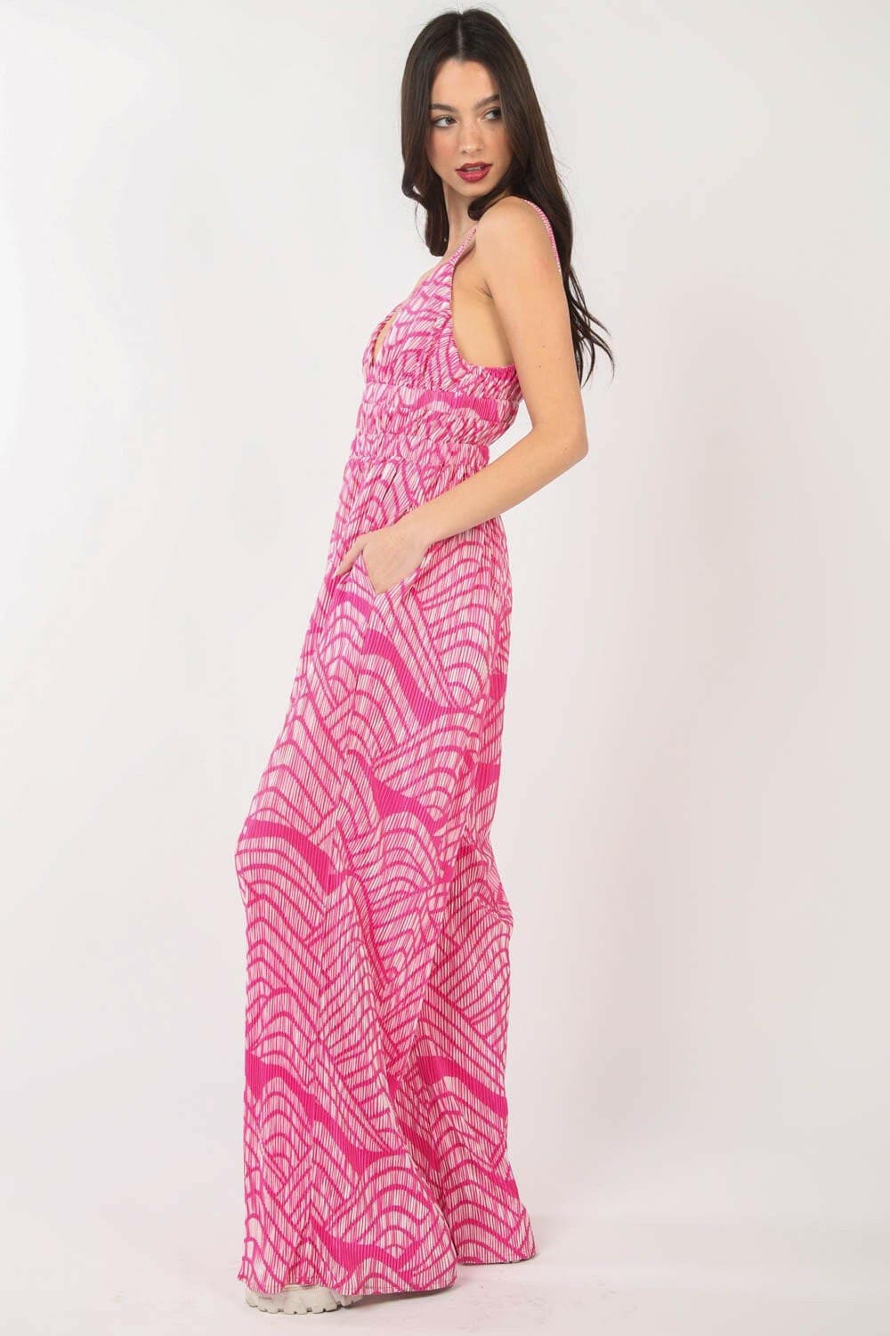 VERY J Printed Pleated Sleeveless Wide Leg Jumpsuit - Love Salve