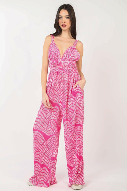 VERY J Printed Pleated Sleeveless Wide Leg Jumpsuit - Love Salve