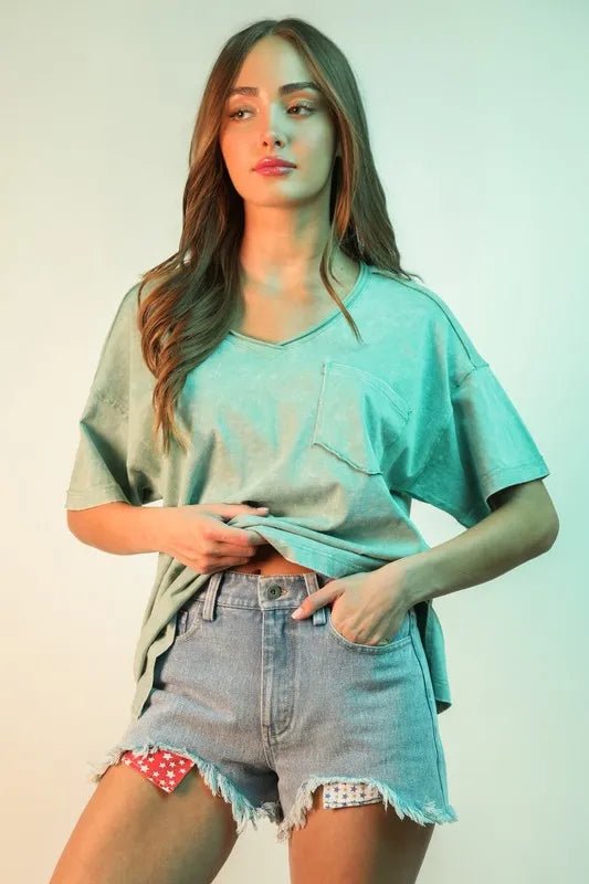 Very J Raw Hem Pocketed Contrast Washed Denim Shorts - Love Salve