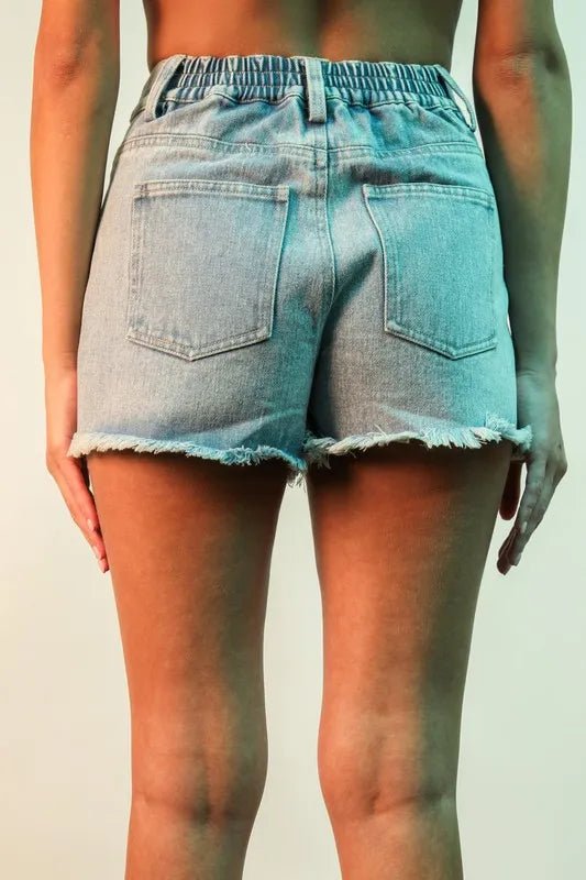 Very J Raw Hem Pocketed Contrast Washed Denim Shorts - Love Salve