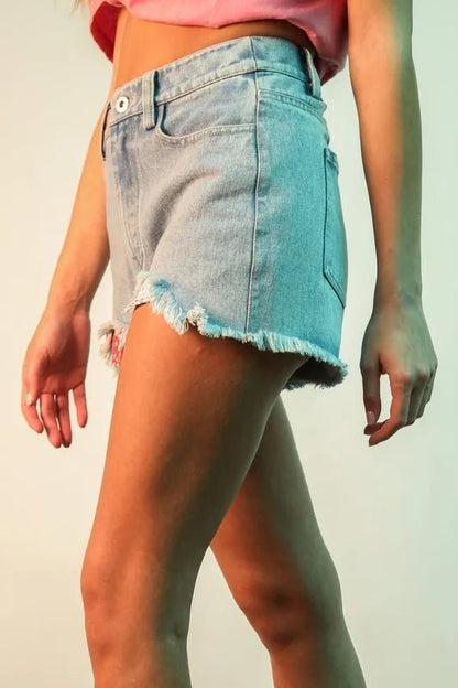 Very J Raw Hem Pocketed Contrast Washed Denim Shorts - Love Salve