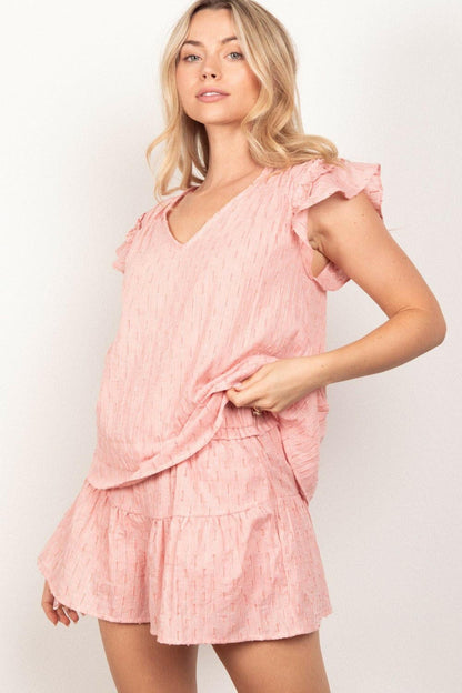 Chic Romance Ruffle Sleeve Top & Shorts SetExperience Effortless Charm
 Step into summer with our Chic Romance Ruffle Sleeve Top &amp; Shorts Set, a delightful blend of style and comfort that will elevate youLove Salve Chic Romance Ruffle Sleeve Top & Shorts SetTIKTOK