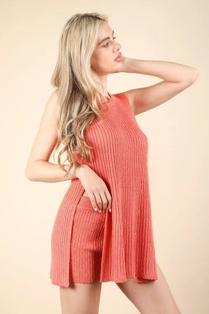 VERY J Slit Round Neck Top and Shorts Sweater Set - Love Salve