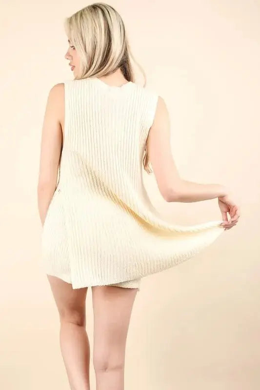 VERY J Slit Round Neck Top and Shorts Sweater Set - Love Salve