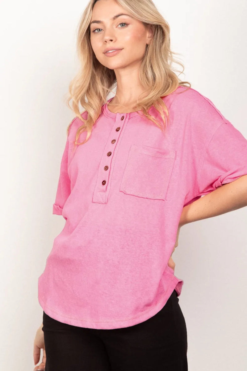 Very J Twisted Sleeve Band Half Button Top for Women - Love Salve 