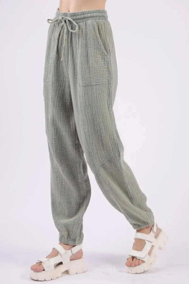 Very J Washed Woven Crinkle Gauze Drawstring Pants for Comfort - Love Salve 