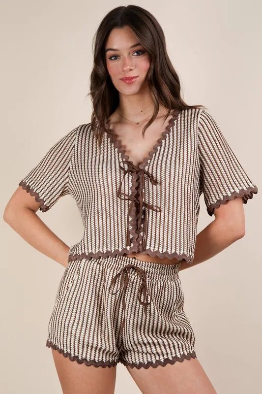 VERY J Wave Trim Detail Knit Top & Shorts Set - Love Salve