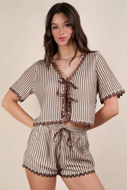 VERY J Wave Trim Detail Knit Top & Shorts Set - Love Salve