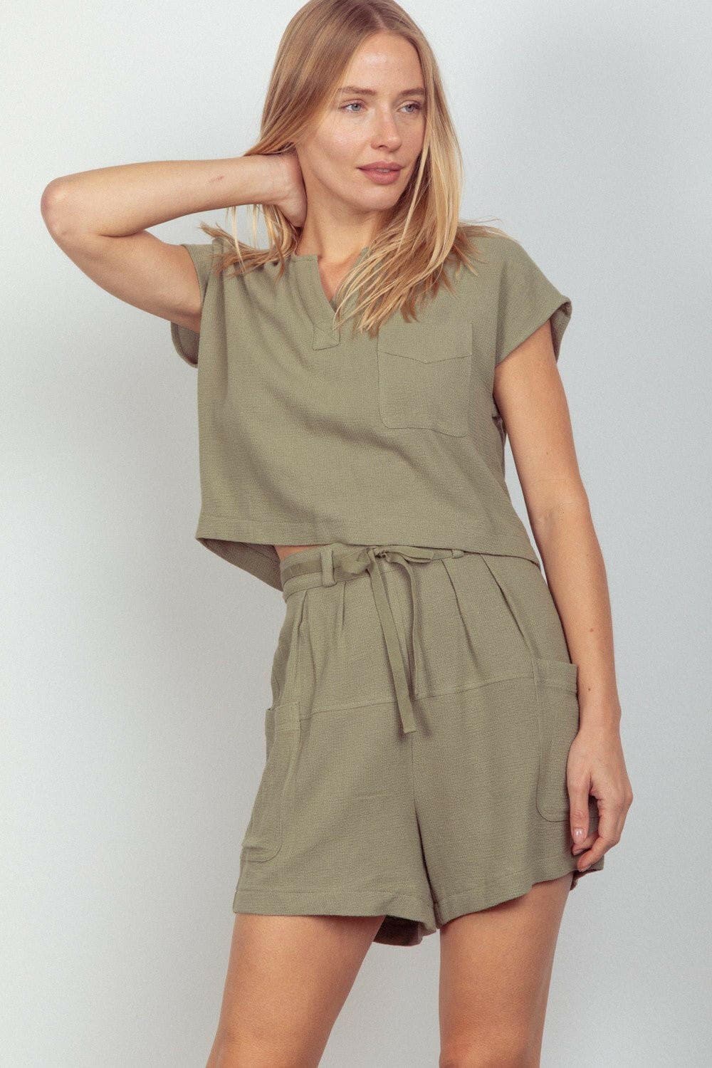 VERY J Woven Cropped Top & Waist Tie Shorts Set - Love Salve