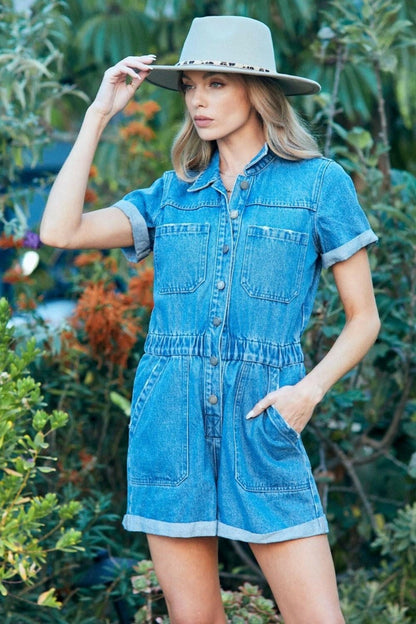 Veveret Elastic Waistband Denim Romper - Love Salve