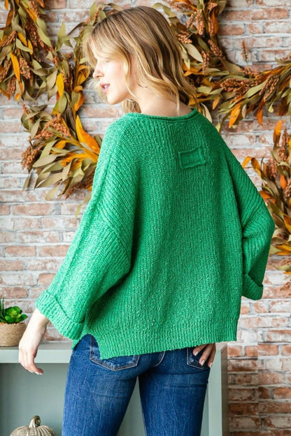 Veveret Notched Long Sleeve Sweater - Love Salve