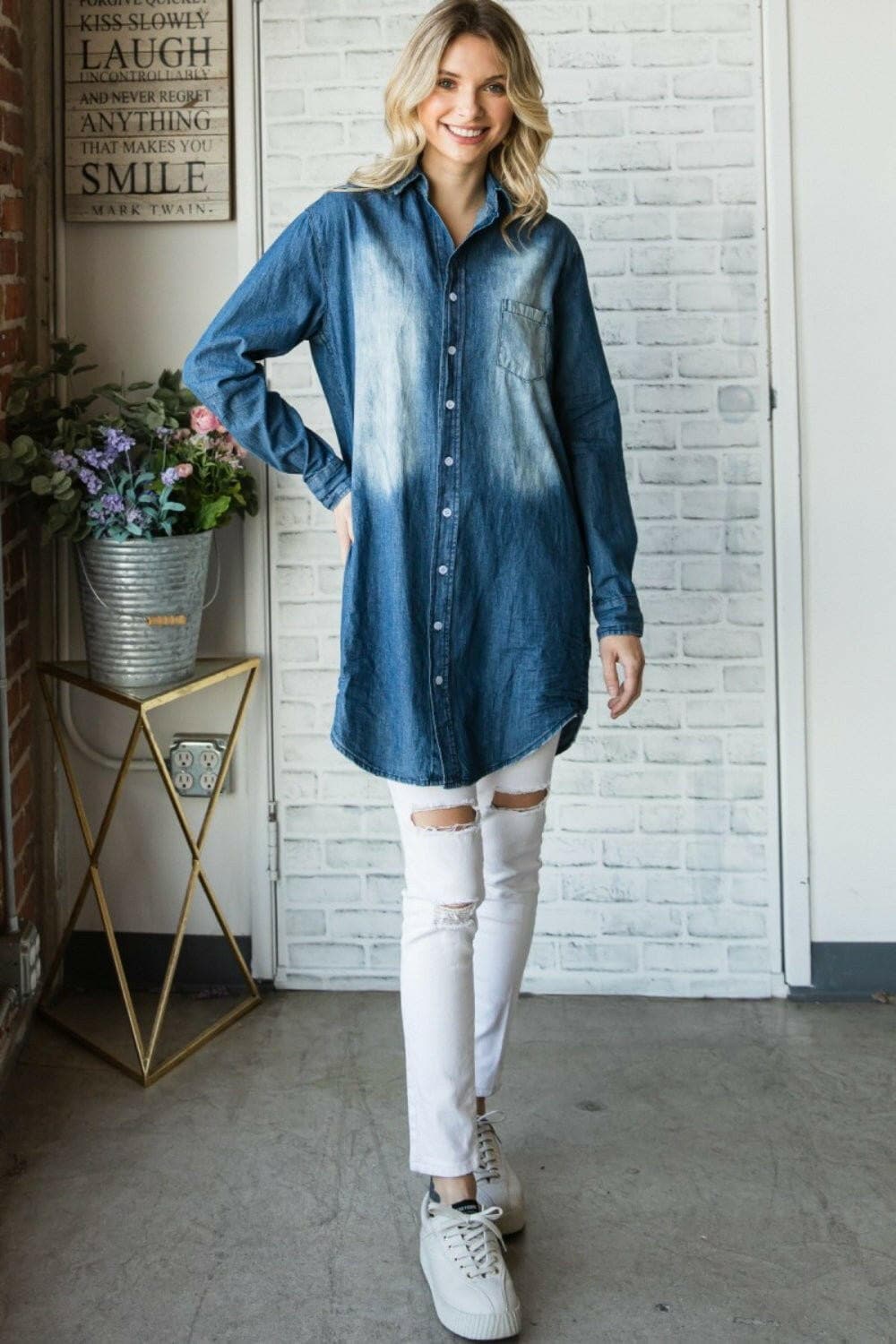 Veveret Pocketed Button Up Washed Denim Shirt - Love Salve