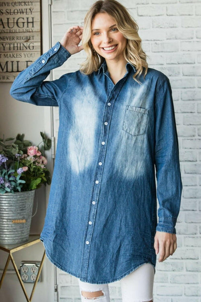 Veveret Pocketed Button Up Washed Denim Shirt - Love Salve