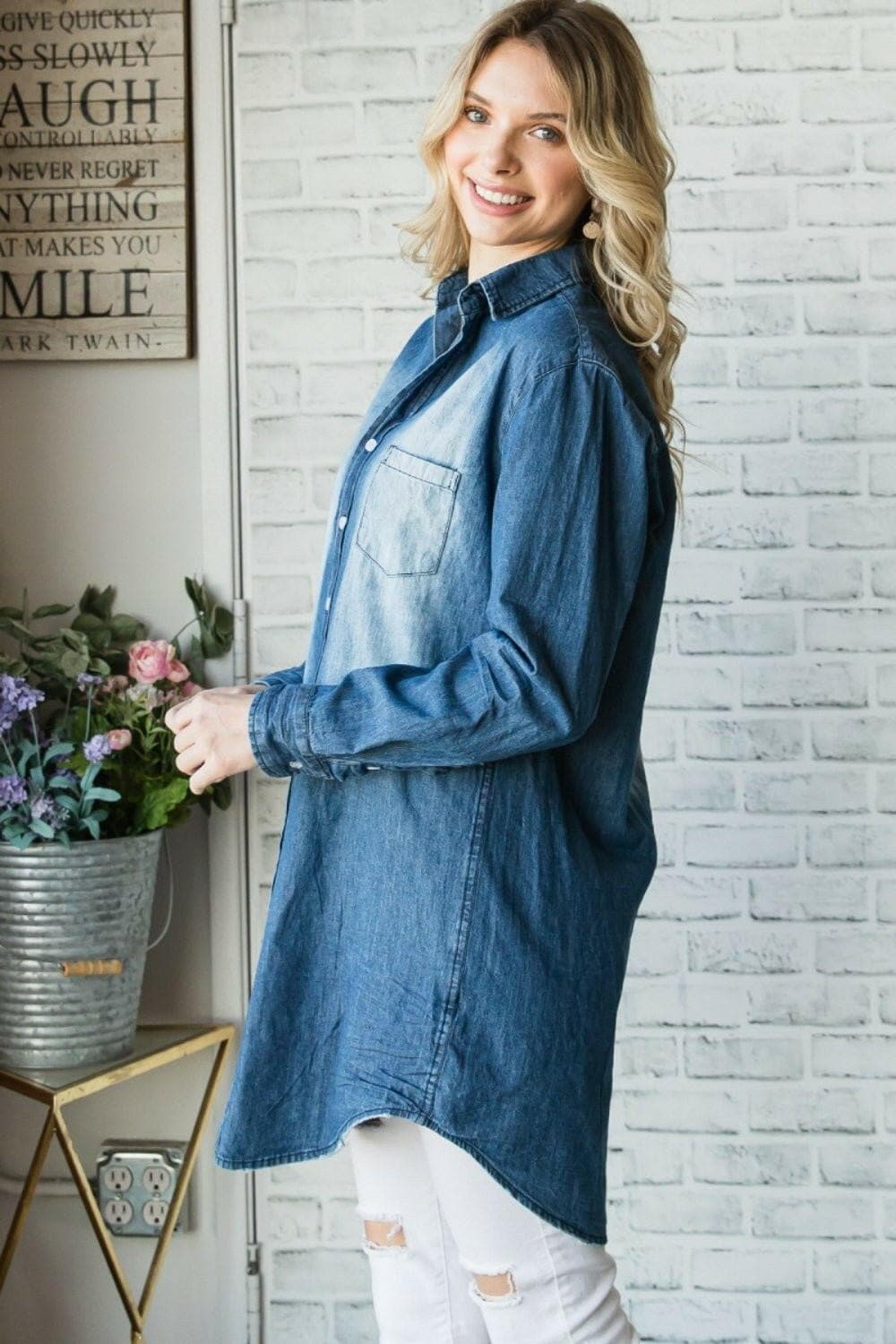 Veveret Pocketed Button Up Washed Denim Shirt - Love Salve