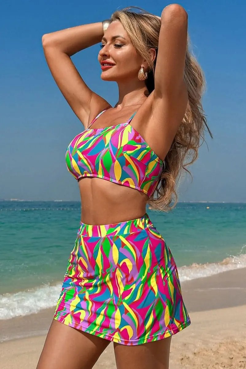 Vibrant Bohemian Abstract Textured High-Waisted Spaghetti Strap Bikini Set - Love Salve 