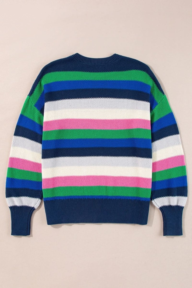 Vibrant Green Striped Drop Shoulder Crew Neck Sweater - Love Salve 