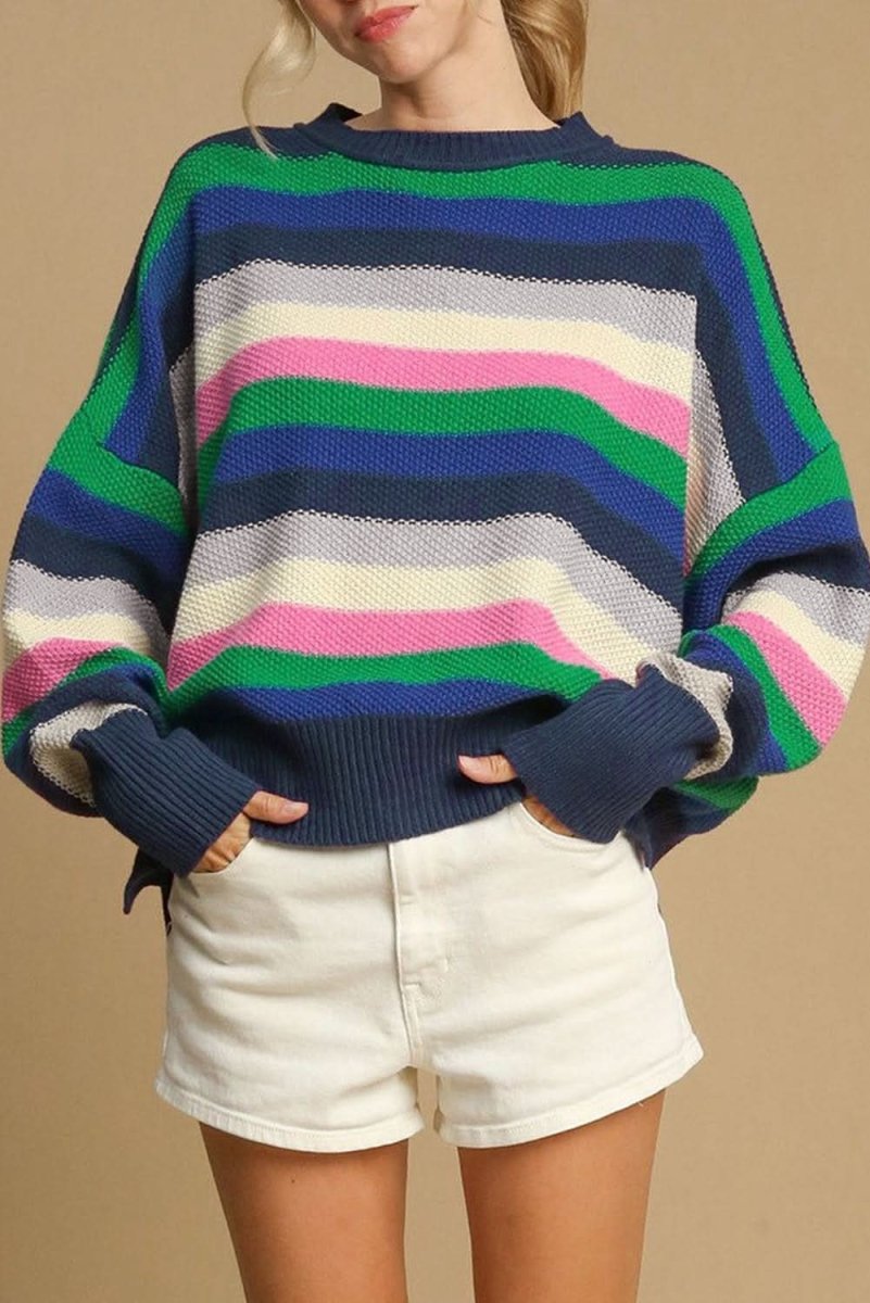 Vibrant Green Striped Drop Shoulder Crew Neck Sweater - Love Salve