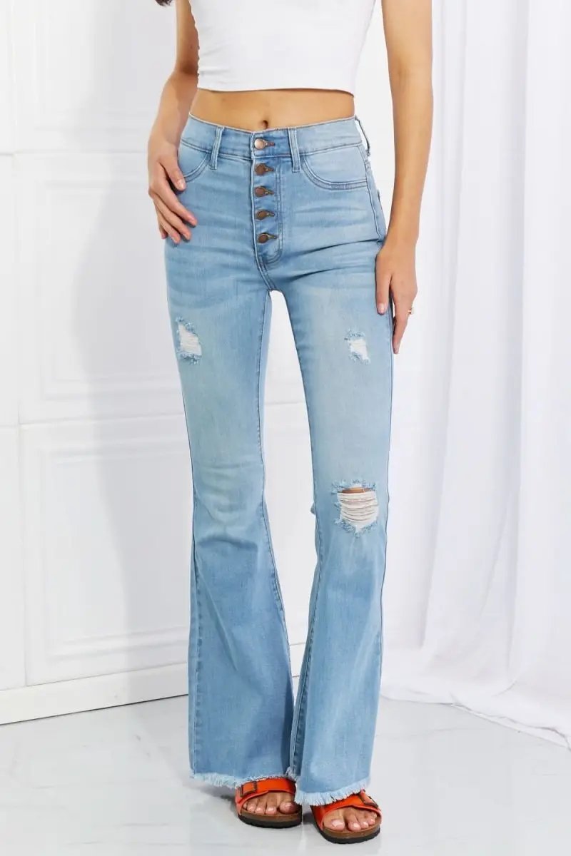 Vibrant MIU Full Size Jess Button Flare Jeans - Love Salve 