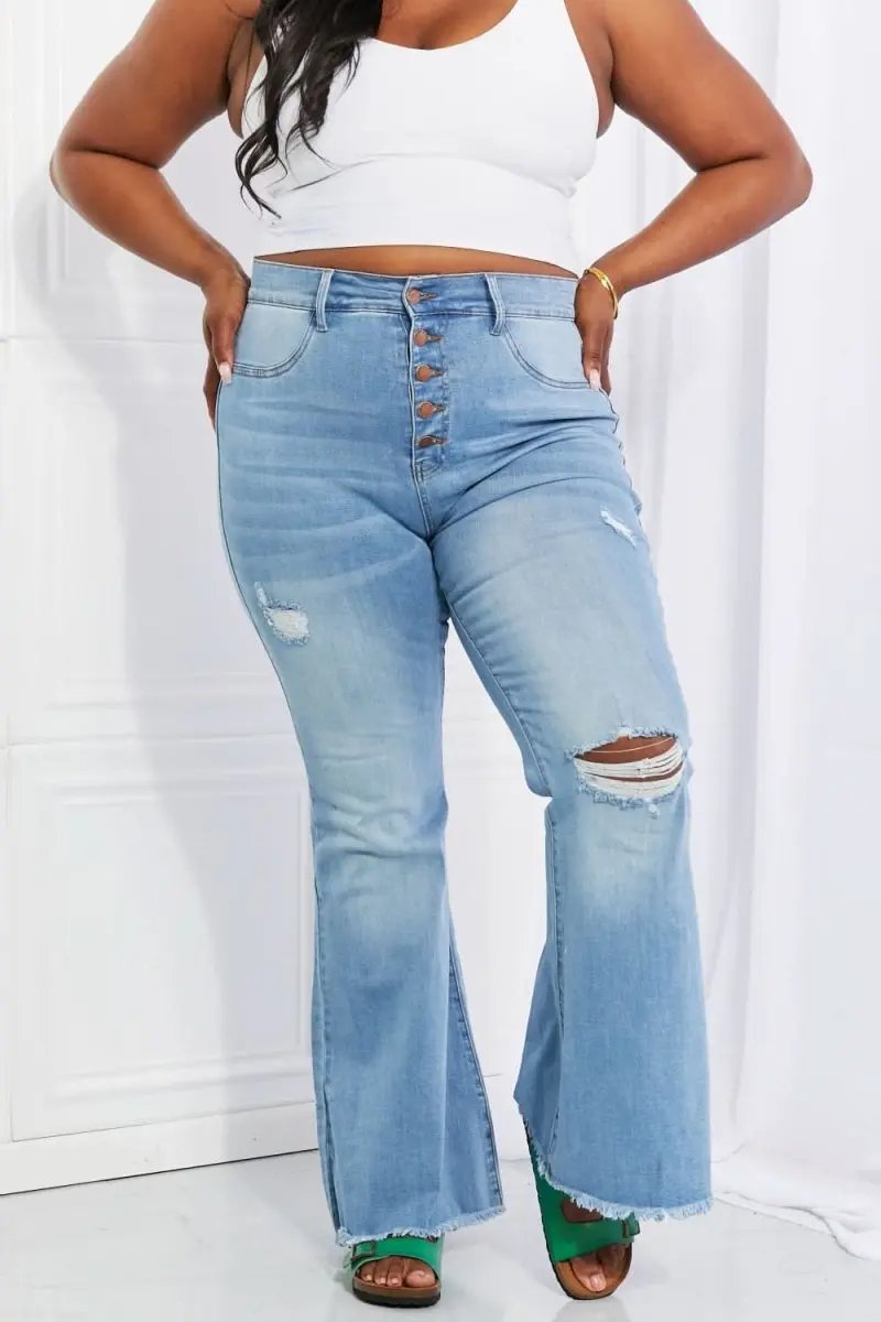Vibrant MIU Full Size Jess Button Flare Jeans - Love Salve 