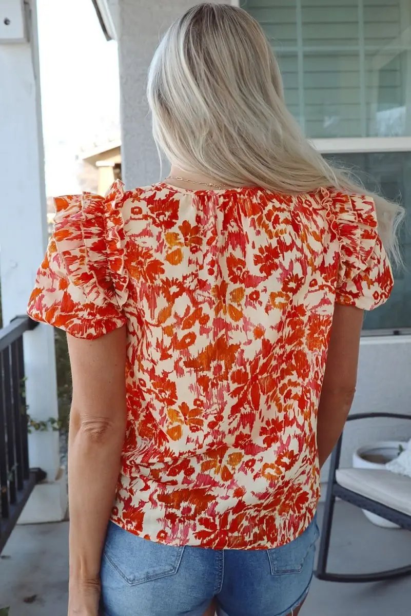 Vibrant Orange Ruffled Floral Blouse with Puff Sleeves and Split Neckline - Love Salve 