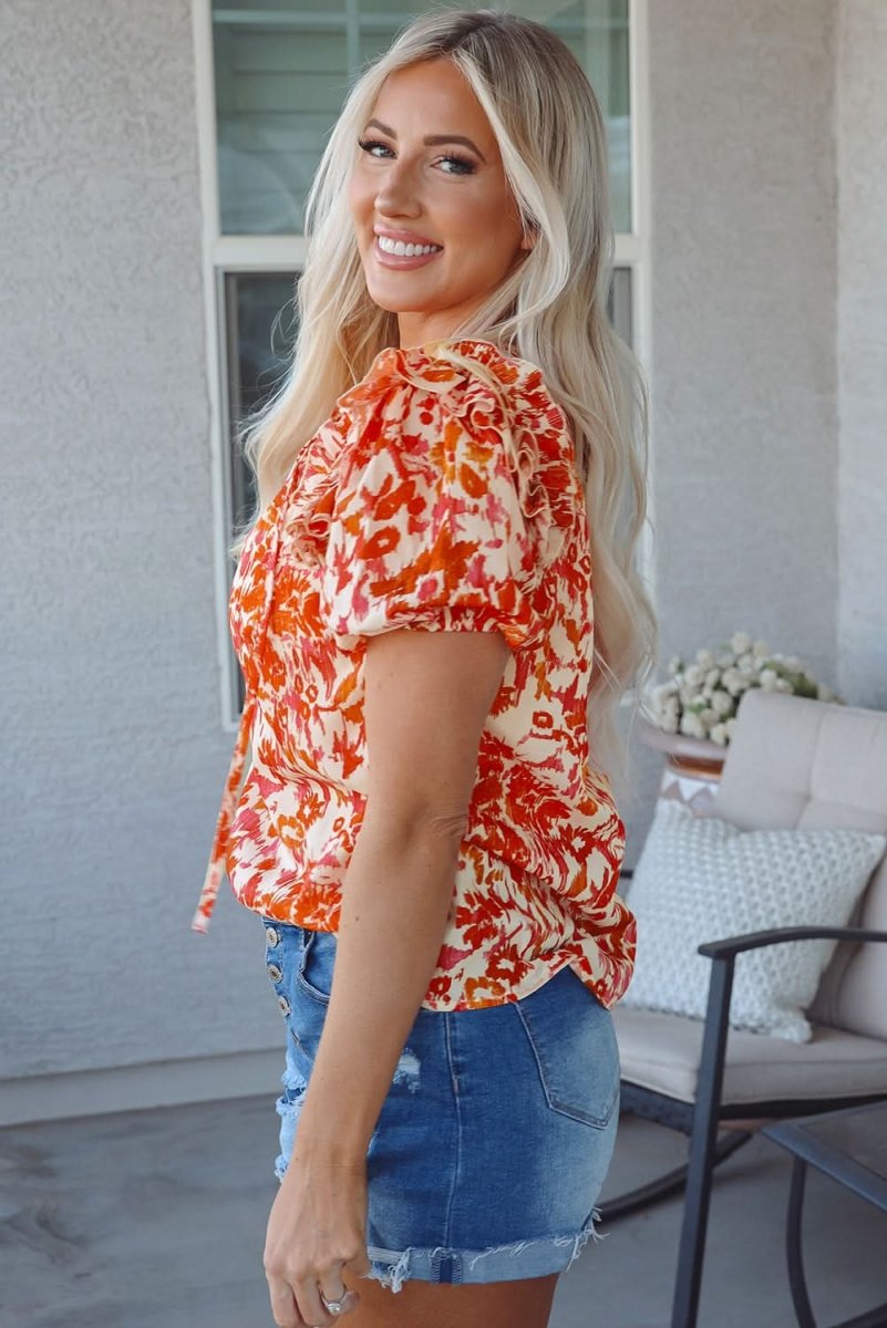 Vibrant Orange Ruffled Floral Blouse with Puff Sleeves and Split Neckline - Love Salve 