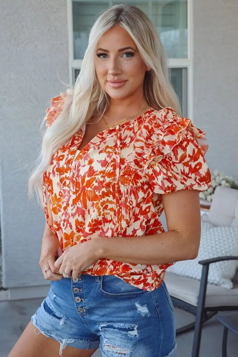 Vibrant Orange Ruffled Floral Blouse with Puff Sleeves and Split Neckline - Love Salve 