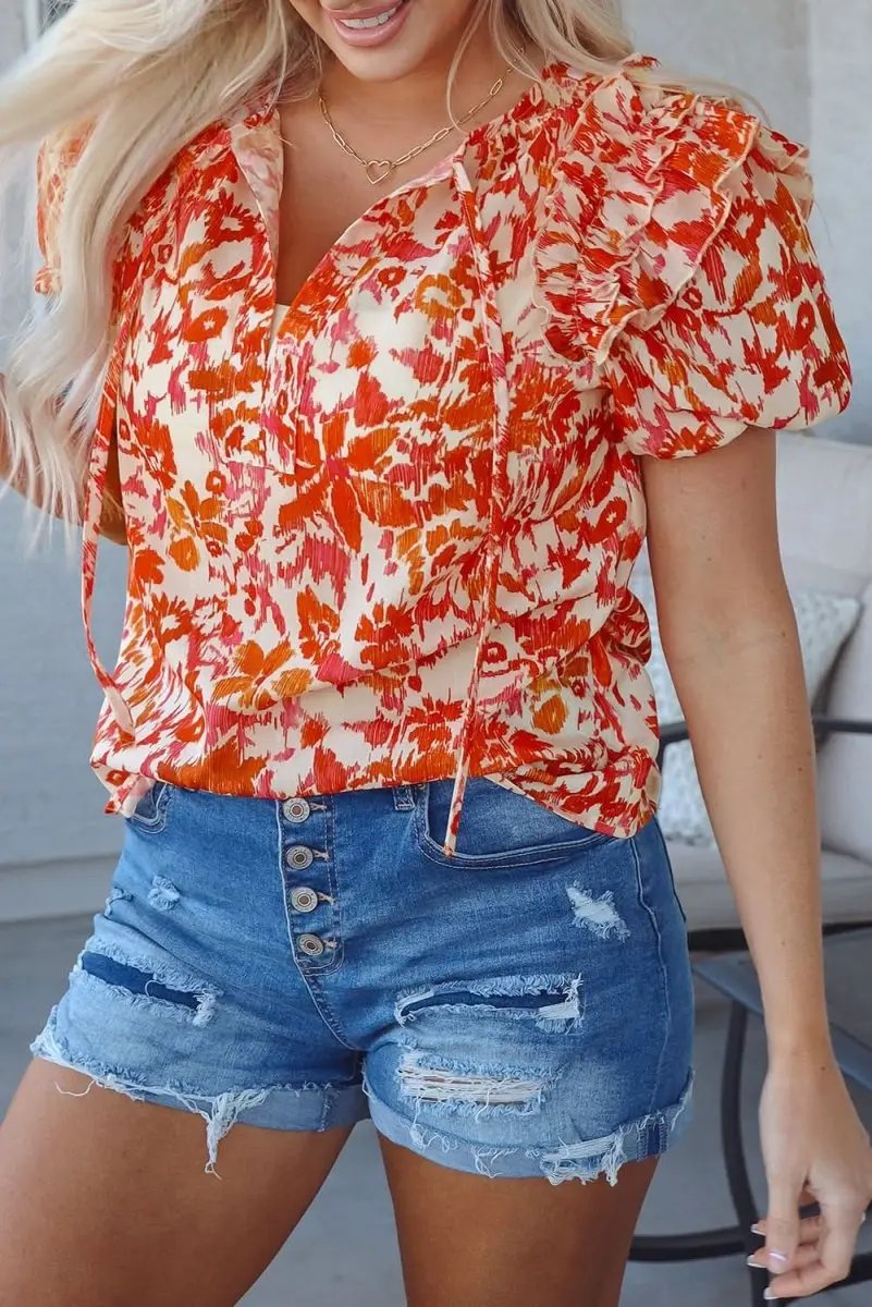 Vibrant Orange Ruffled Floral Blouse with Puff Sleeves and Split Neckline - Love Salve 