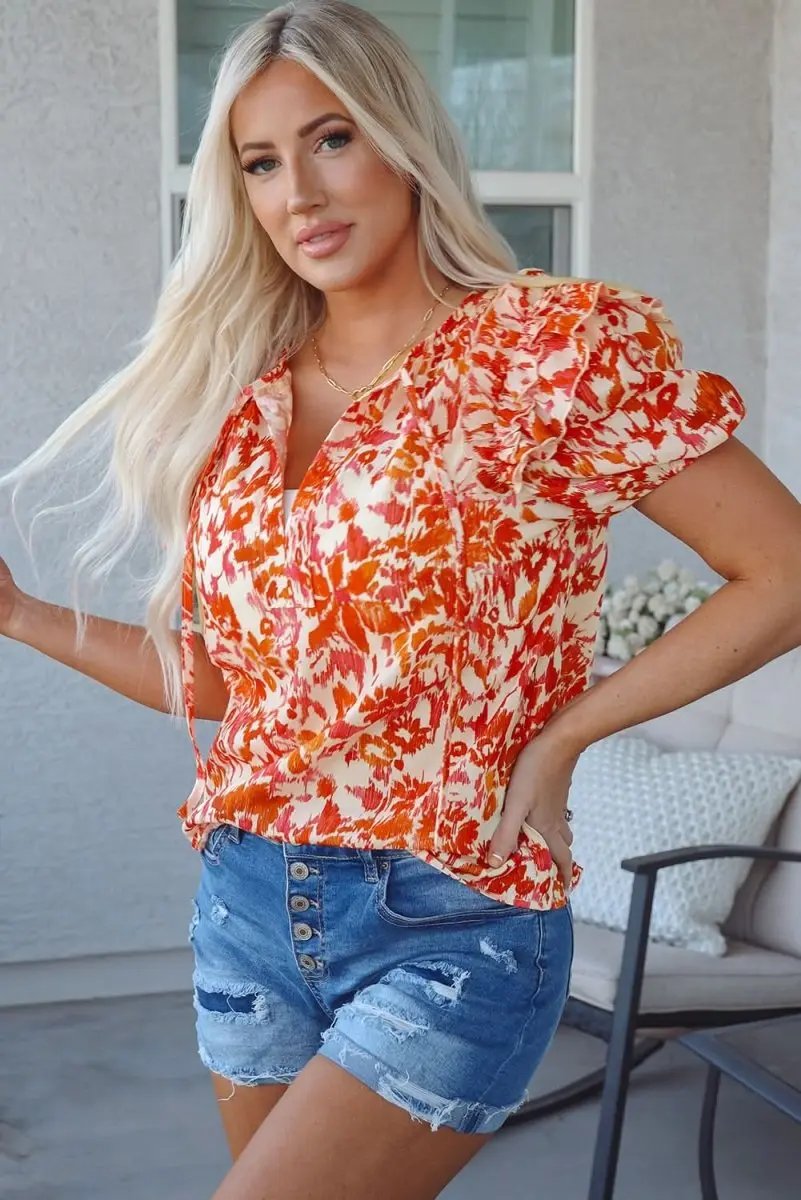 Vibrant Orange Ruffled Floral Blouse with Puff Sleeves and Split Neckline - Love Salve 