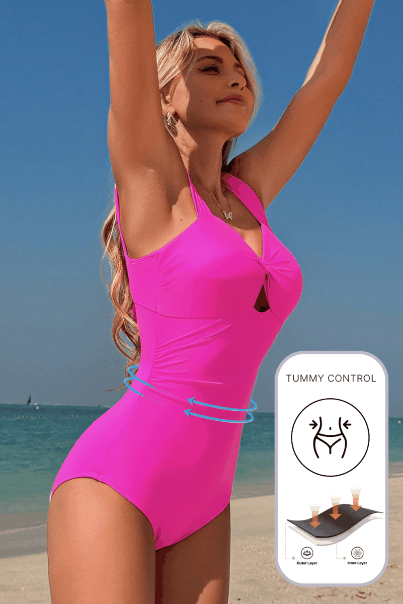 Vibrant Pink Backless Twist Bowknot One - Piece Swimsuit - Love Salve