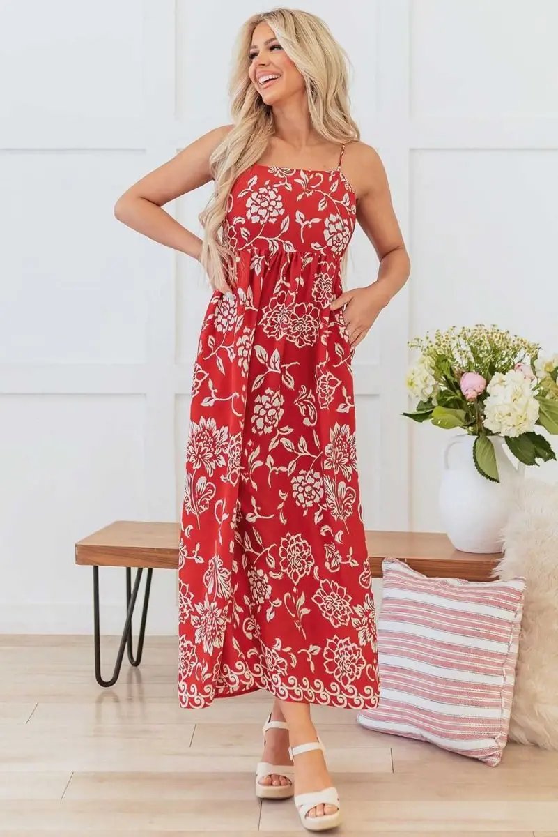 Vibrant Red Floral Spaghetti Strap Maxi Dress with Empire Waist - Love Salve 