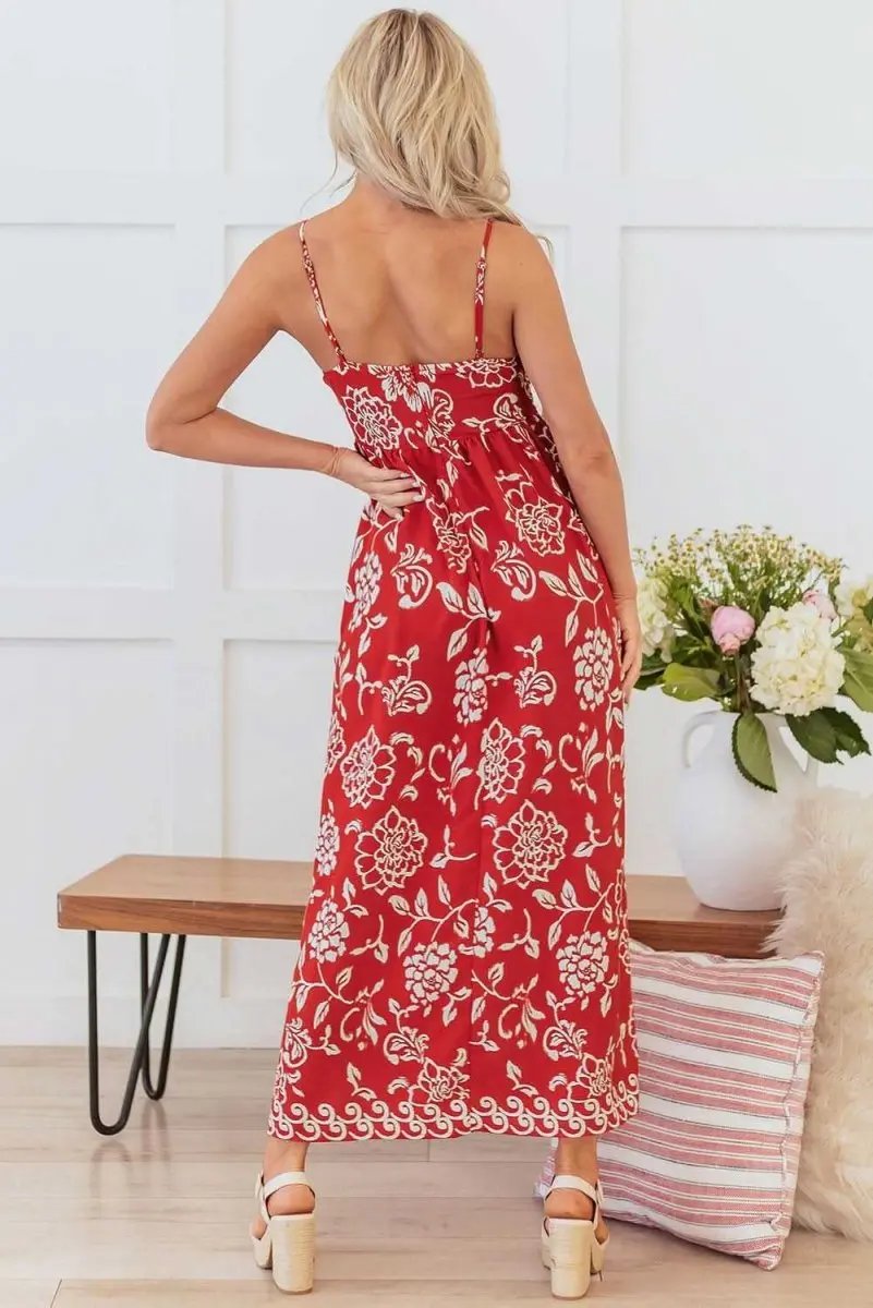 Vibrant Red Floral Spaghetti Strap Maxi Dress with Empire Waist - Love Salve 