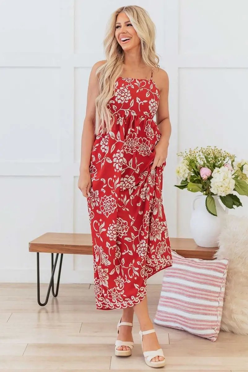 Vibrant Red Floral Spaghetti Strap Maxi Dress with Empire Waist - Love Salve 