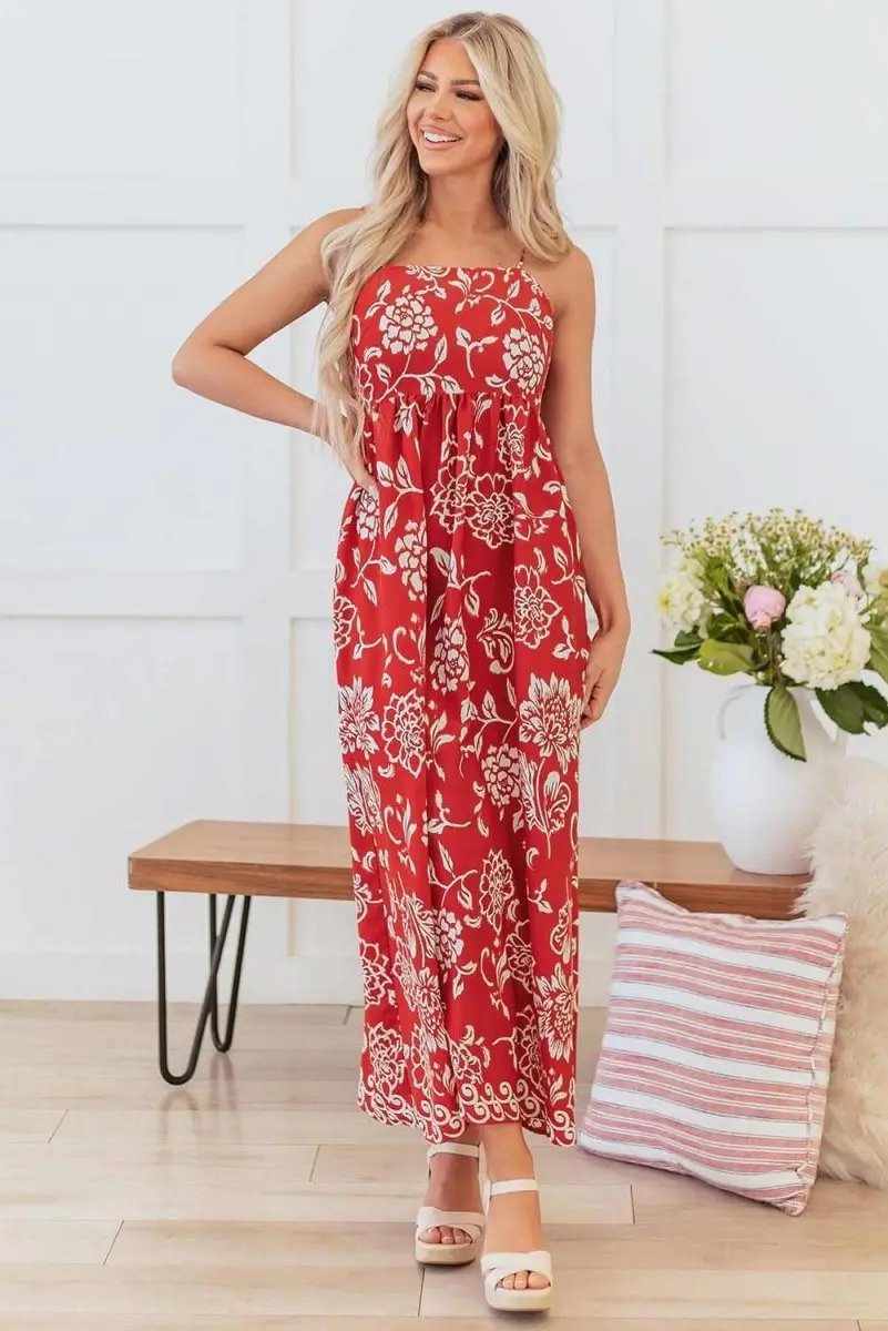 Vibrant Red Floral Spaghetti Strap Maxi Dress with Empire Waist - Love Salve 