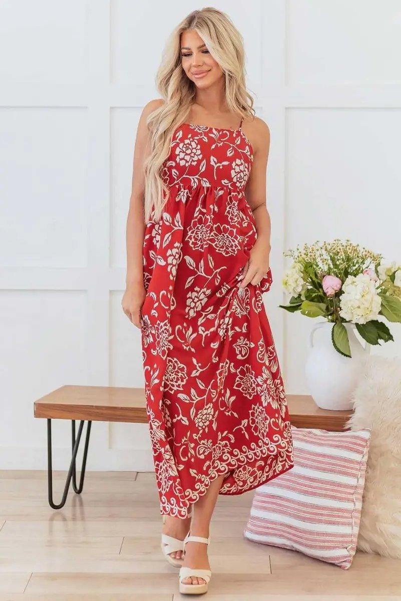 Vibrant Red Floral Spaghetti Strap Maxi Dress with Empire Waist - Love Salve 