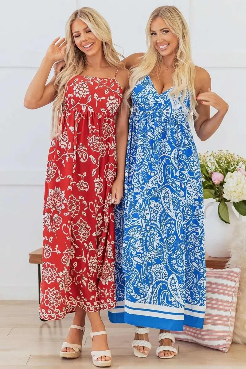 Vibrant Red Floral Spaghetti Strap Maxi Dress with Empire Waist - Love Salve 