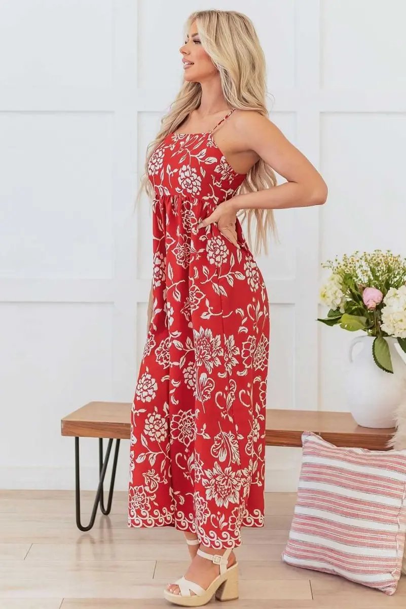 Vibrant Red Floral Spaghetti Strap Maxi Dress with Empire Waist - Love Salve 