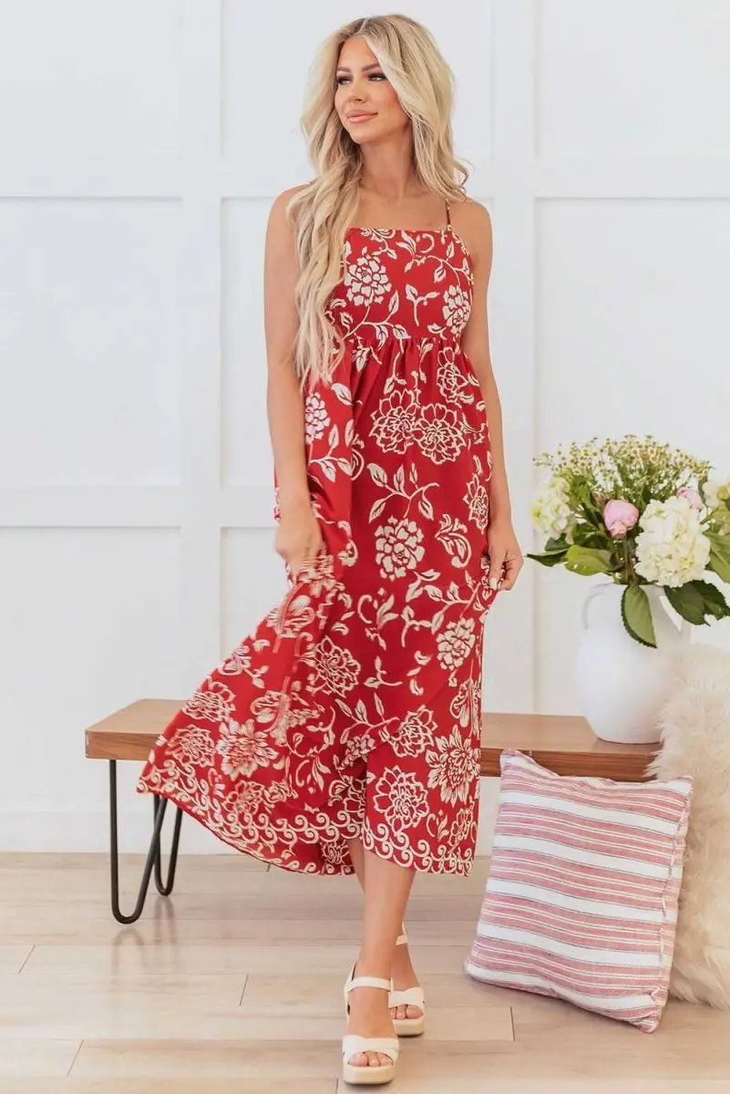 Vibrant Red Floral Spaghetti Strap Maxi Dress with Empire Waist - Love Salve 
