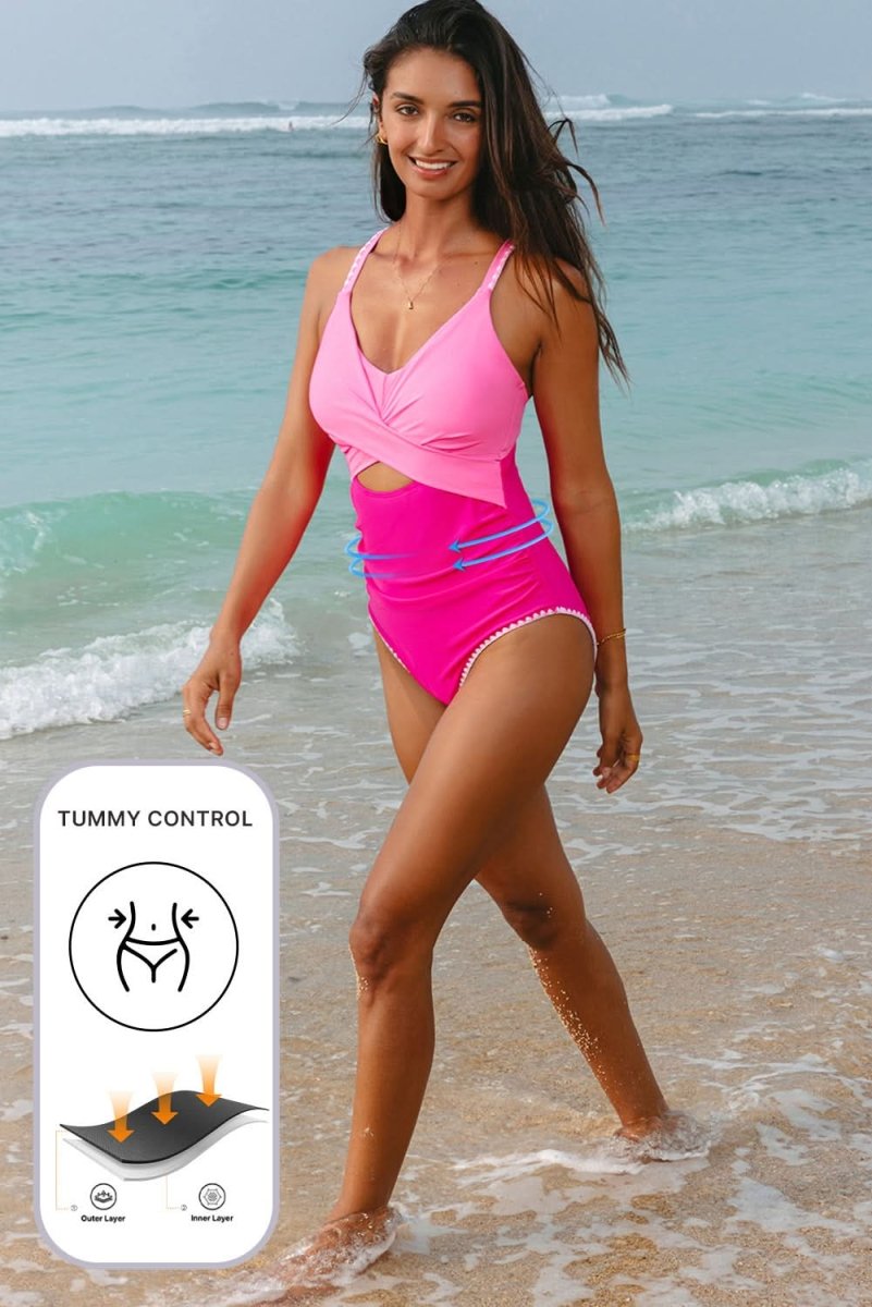 Vibrant Rose Red Cutout One-Piece Swimsuit with Ric Rac Trim and Patchwork Design - Love Salve 