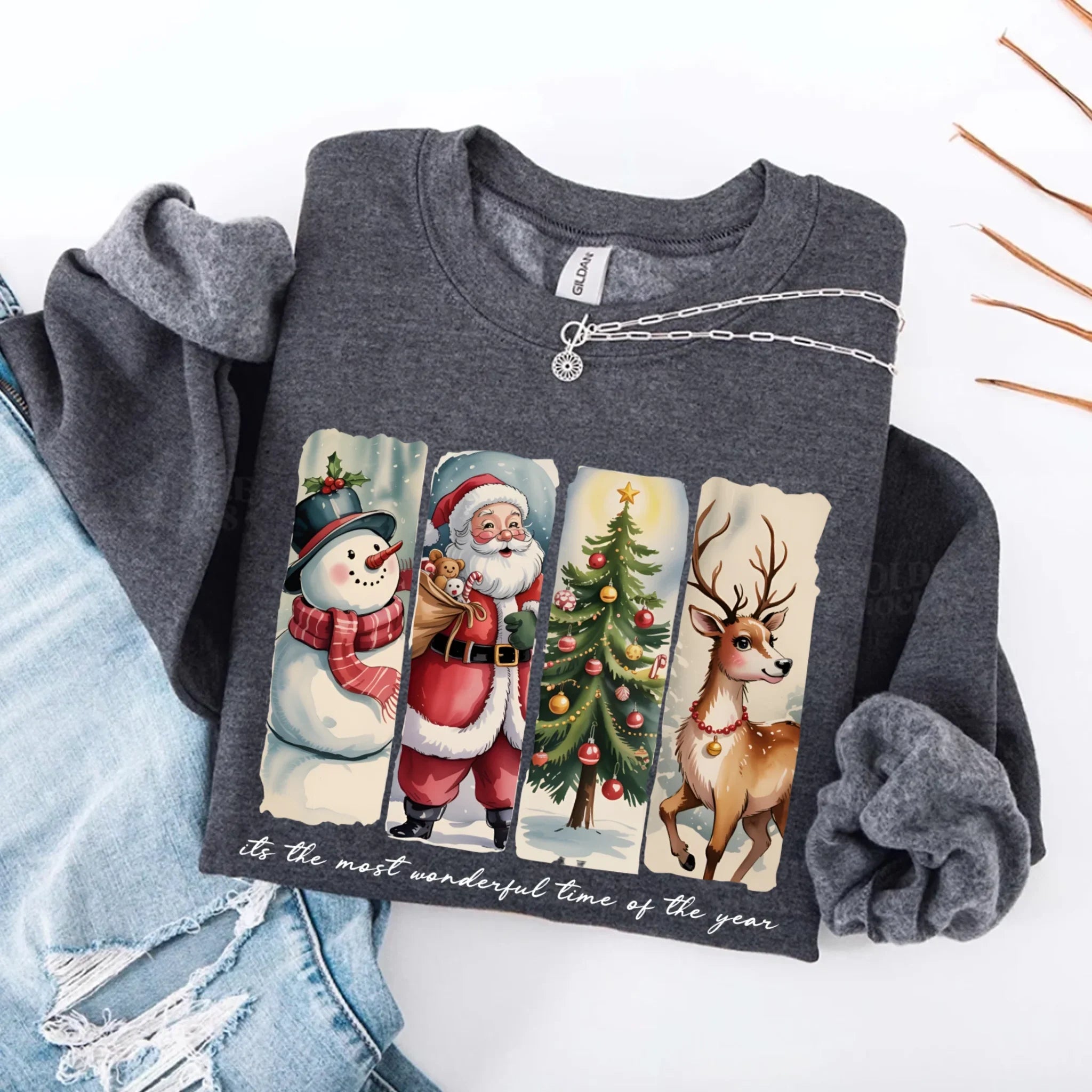 Vintage Santa Sweatshirt Wonderful Time Christmas Crewneck Adorb Custom Tees