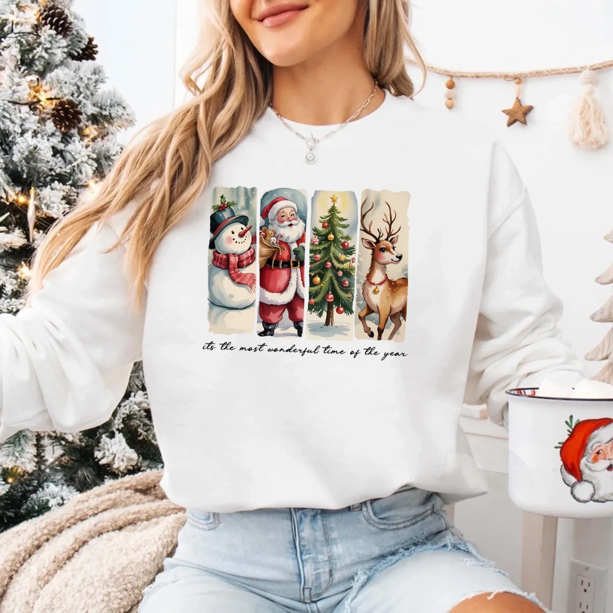 Vintage Santa Sweatshirt Wonderful Time Christmas Crewneck Adorb Custom Tees