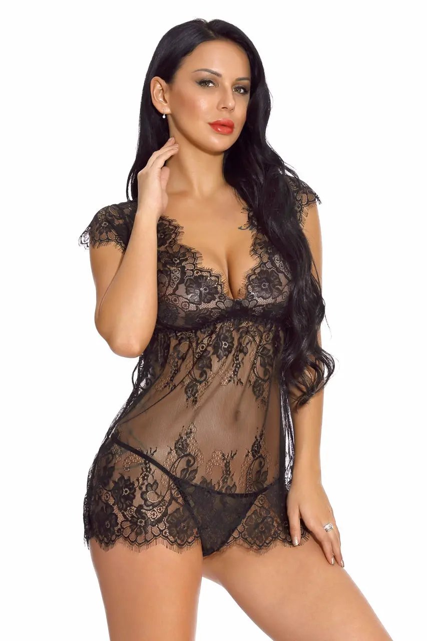 Lacy Cap Sleeve Babydoll 3wishes.com