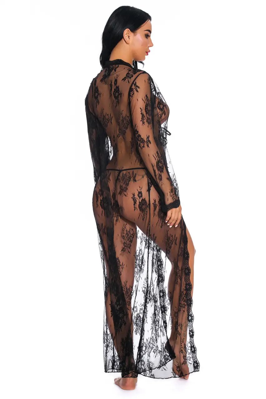 3wishes.com Apparel & Accessories > Clothing > Lingerie - Long Lace Flyaway Robe - Premium Quality - Love Salve
